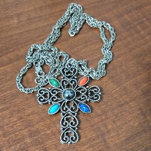 Vintage Avon Silver Tone Cross Pendant Necklace with Multicolor Accents